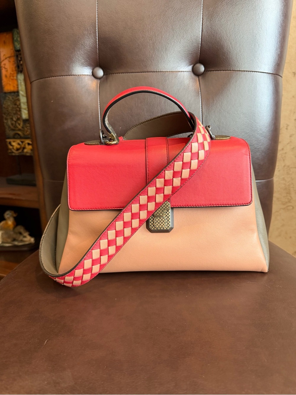 Bottega Veneta Piazza top handle bag tricolor leather with a woven strap w/ COA